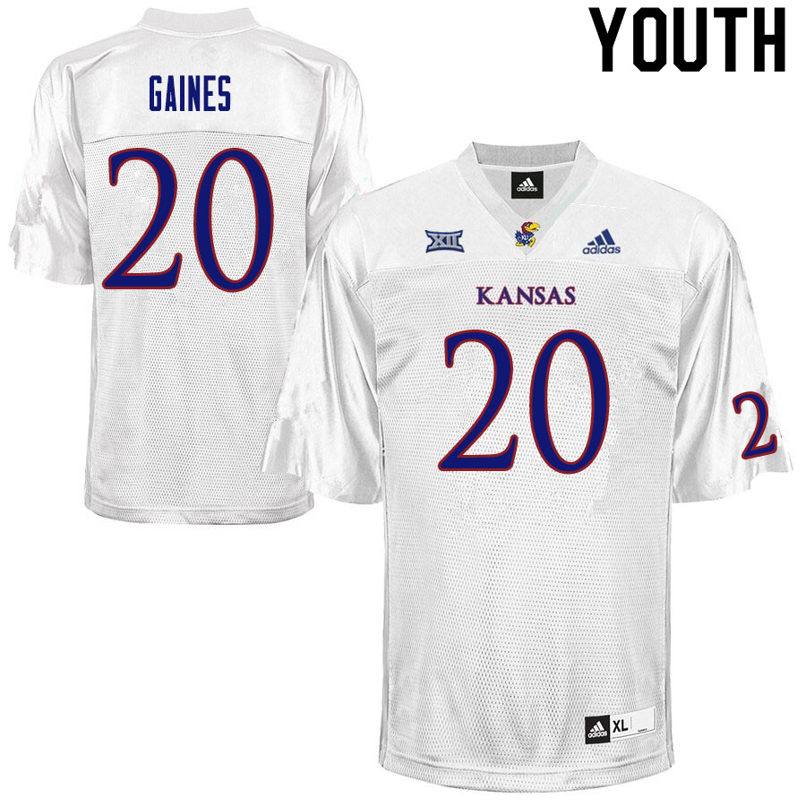 Youth #20 Donovan Gaines Kansas Jayhawks College Football Jerseys Sale-White - Click Image to Close